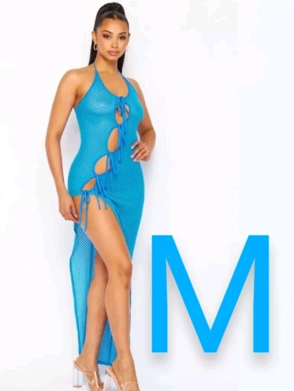 🆕Blue Sexy Front Ties Cover Up Maxi Crochet Dress ~ Size M